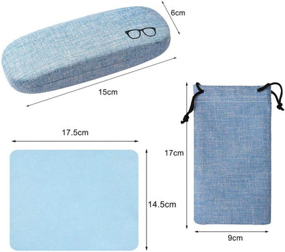 KUOU 2-Pack Hard Shell Eyeglasses Case — Linen Fabric with Drawstring Pouch & Cleaning Cloth